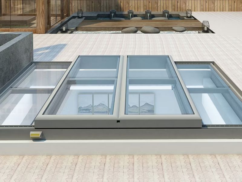 Thi công mái kính mở lùa cho giếng trời tự động