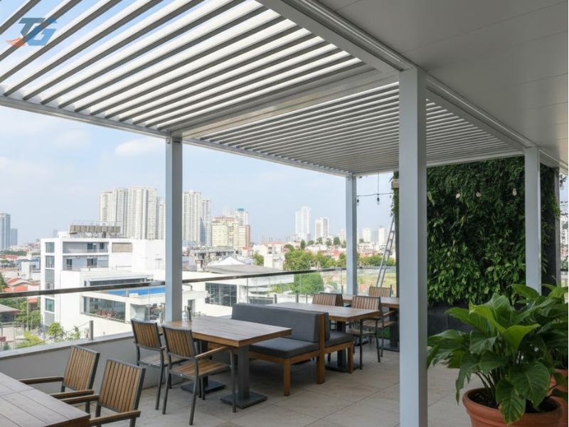 Thi công thực tế mái nhôm xếp lật tự động cho sân thượng
