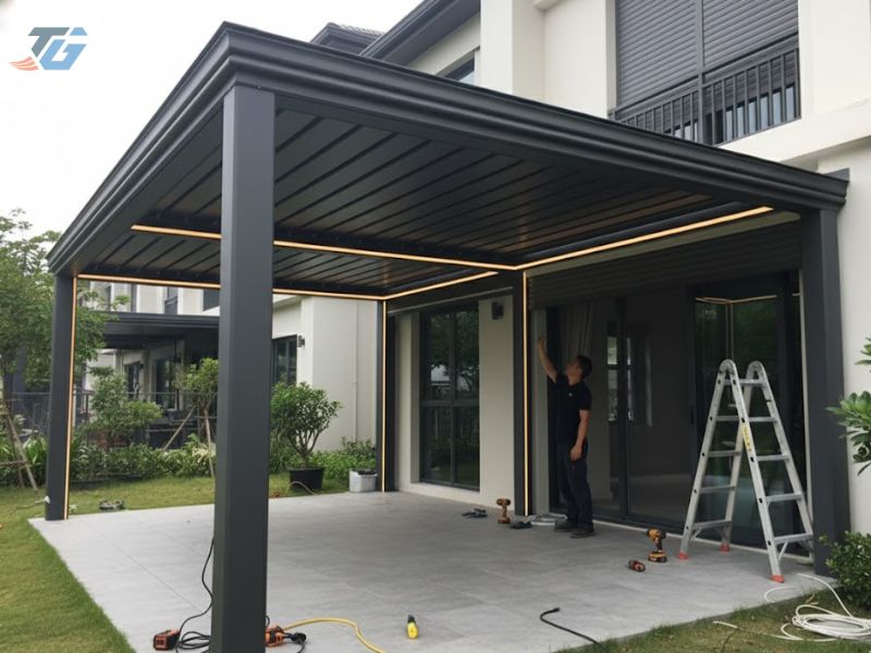 Thi công thực tế mái nhôm xếp lật tự động cho sân vườn