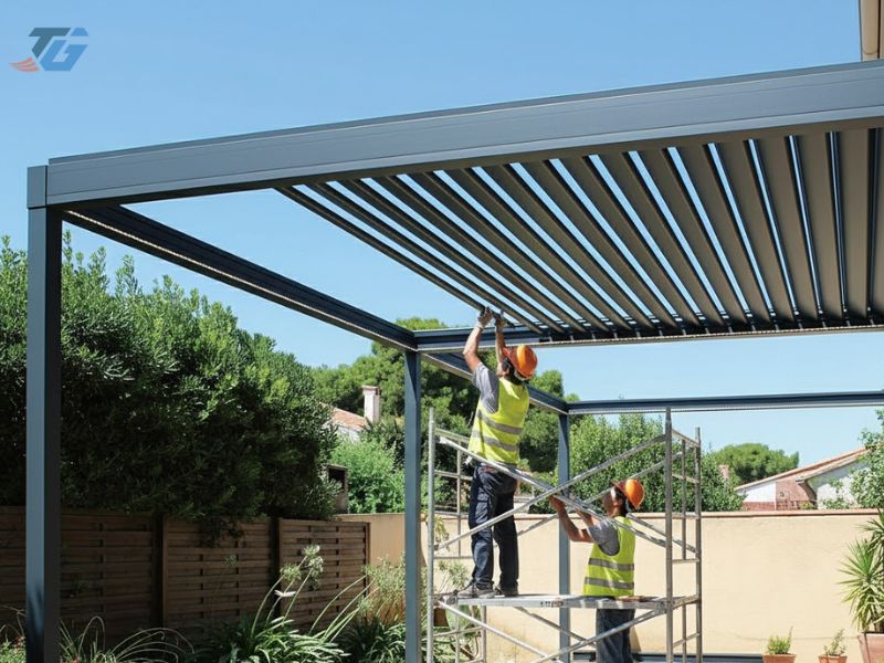 Thi công thực tế mái nhôm xếp lật tự động