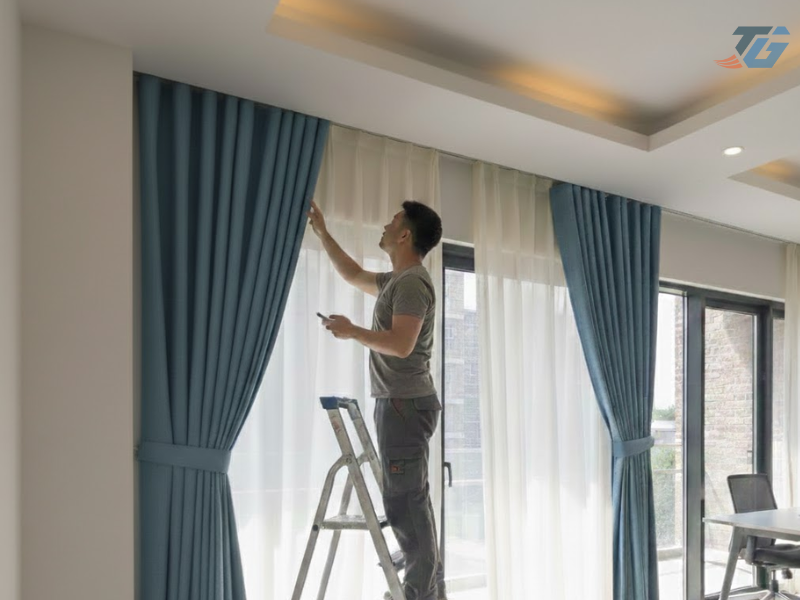 Thi công thực tế rèm kéo ngang tự động cho biệt thự