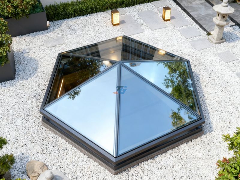 Thi công mẫu giếng trời mái kính lục giác nâng hạ tự động